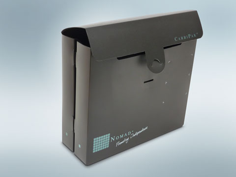 Dual pocketed black polypropylene box tuck lock fastening. Printed 1 colour